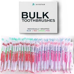 Avistar Bulk Toothbrushes Pack - 148 Individually Wrapped for Travel, Hotels, Relief Missions, and Donations - Disposable Toothbrush Pack Adults and Kids - Red, Blue, Green, Pink