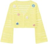 Verdusa Girl's 3D Floral Applique Long Sleeve Hollow Out Knitted Button Up Cardigan Butter Yellow 8 Years