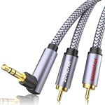 SOUNDFAM RCA to 3.5mm Cable 6ft/2M, 90 Degree 3.5mm Male to 2RCA Male Stereo Y Splitter Adapter Right Angle Aux to RCA Cable for Smartphones, MP3, Tablets, Speakers,HDTV-Grey