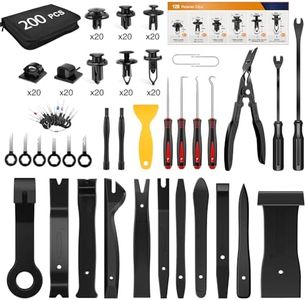 GOOACC 200Pcs Trim Removal Tool, Auto Push Pin Bumper Retainer Clip Set Fastener Terminal Remover Tool Adhesive Cable Clips Round Handle Crowbar Kit Car Panel Radio Removal Auto Clip Pliers, Black