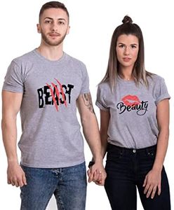 Beast Beauty Matching Couple T-Shirt for Husband Wife,Pure Cotton Matching T-Shirt for Lover（Pack of 1 T-Shirt）, Beauty-grey, Medium