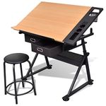 vidaXL Tiltable Tabletop Drawing Table with Stool Home Office Durable with Drawers