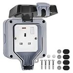 Weatherproof Outdoor Sockets, Double Waterproof Switched Power Socket IP66, Wall Electrical Outlets with Cover, 13A 2 Gang Plug Sockets, for Garden & External Electrical Outlet, Grey (Single-UK)