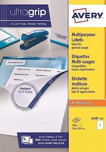 AVERY - 100 Étiquettes Multi-Usages UltraGrip Personnalisables - Sans Bourrage - Format 210 x 297 mm - Impression Laser, Jet d'Encre et Copieur