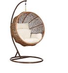 Carry Bird Big Boss Wicker Rattan Wrought Iron Single Seater Swing Chair Stand|Round Shape|Balcony/Indoor/Backyard/Porch/Yard/Outdoor Furniture|Honey Swing-White Cushion-111.76 Cm,29.5 Cm,0.03 Cm