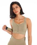 PLUMBURY Women's Padded Front Zip Plus Size Full Coverage High Support Velcro Adjustable Sports Bra for Workout Gym, Size L, Army Green