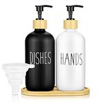 JTOOYS Soap Dispenser, 2Pcs Hand and Dish Dispenser Set with Wooden Base 500ML Refillable Glass Empty Bottle Container Bamboo Pump Reusable Detergent for Kitchen, Sink & Bath - Black White, 21X 7CM