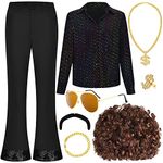 PLULON 9Pcs Mens 70s Disco Costume Dude Sequin Shirt Bell Bottom Pants Set with Wig Sunglasses Moustache Dollar Sign Chain Ring Disco Accessories for Prom Party