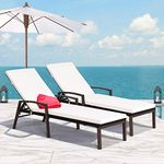 Tangkula 2 PCS Patio Rattan Chaise Lounge Chair, Outdoor Reclining Chaise with Cushion and Armrest, Wicker Sun Lounger with Adjustable Backrest for Garden, Balcony, Poolside (White)