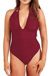 CUPSHE Women's Keep Secrets Halter One-Piece Swimsuit Beach Swimwear, Wine Red, Large