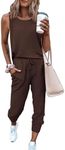 PRETTYGARDEN Women's Two Piece Outfit Sleeveless Crewneck Tops with Sweatpants Active Tracksuit Lounge Wear (Brown,Large)