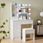 Udekoo White Vanity Desk with Mirror and Lights for Bedroom, 10 Lights Makeup Vanity Mirror 3 Colors and Adjustable Brightness Dresser, Vanity Table Stoool Set with 6 Storage Drawers, Diamond Handles