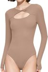 PUMIEY Bodysuit for Women Long Sleeve Bodysuit Shirts Slim Fit Sexy Going Out Tops, Taffy X-Small