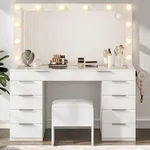 DWVO 10-Drawer Cosmetic Vanity Desk w/Glass Tabletop, Makeup Vanity w/Expansive Mirror & Power Hub, Contemporary Dressing Table Ensemble with Storage Seating & 3-Tone Dimmable Lighting, Ivory White