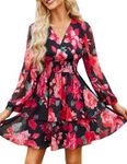 VIDUSSA Women's Floral Casual Dress V-Neck Puff Long Sleeve Ruffle Chiffon Mini Swing Skater Beach Flowy Wrap DressesFloral Black L