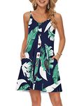 WNEEDU Womens Summer Dress Spaghetti Strap Dresses Beach Cover Ups Casual V Neck Mini Sundress with Pockets Print Blue L