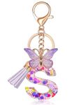 riKRishnaya Artworks All A-Z Heart Glitter Resin Handmade Keychain with Butterfly, Tassel Charm, Golden Lobester Clasp for Girls Boys Car Bag Purse gift (Purple S)