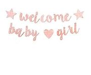 bng-bng Baby Shower Party Decorations Welcome Baby Girl Home Banner Glitter Girl Newborn Baby Shower Bunting Birthday Party Hanging Decorations Party Supplies Rose Gold Pre-strung