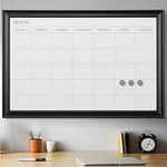 Navaris Framed Calendar Whiteboard for Wall - 60x90cm Magnetic Dry Erase Monthly Planner - White Board with Frame - Includes Magnets and Marker