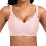 Cavotor Non Wired Jelly Bras for Women Seamless Support Wireless Bra for Large Breasts Comfort Soft Bras Ladies T Shirt Bralettes with Extra Extender (Unpatterned Pink,M)