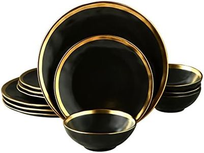 Pokini Matte Black Plates and Bowls Sets, 12 Piece Dinnerware Sets Service for 4, Dishes, Round Dinner Plates, Bowls, Gold Rim Dish Set for Kitchen Decor