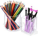 HOMANLY 2 Pieces Clear Acrylic Pen Holder, Transparent Square and Round Pencil Cups Desktop Makeup Brush Storage Organizer Pen Container for School Office Home Desk Supplies