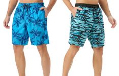 TEX2FIT 2-Pack Men's Swim Shorts with Pockets, Quick Dry Swim Trunks with Mesh Lining (Blue Camo/Palm Trees AOP, Medium)