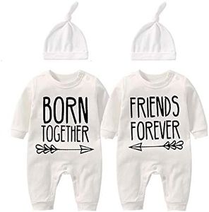 YSCULBUTOL Baby Twins Bodysuit with hat Born Together Friend Forever Baby boy Clothes Toddler Girl Clothes, White Bfbodysuit, 3-6 Months