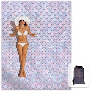 Sunlit Silky Soft 106"x81" Sand Proof Beach Blanket Sand Proof Mat with Corner Pockets and Mesh Bag for Beach Party, Travel, Camping and Outdoor Music Festival, Purple Mermaid Scale