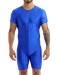 Freebily Mens Short Sleeve Solid Modified Zipper Wrestling Singlet Boxer Short Leotard Bodysuit Blue Large