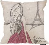 HGOD DESIGNS Eiffel Tower， Throw Pillow Cushion Cover,Romantic Paris Girl in A Pink Dress Looks at Eiffel Tower Cotton Linen Polyester Decorative Home Decor Sofa Couch Desk Chair Bedroom 16x16inch