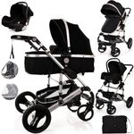 Baby Pram Pushchair Buggy with Car Seat Lightweight Stroller Folding Strollers 3 in1 Travel System Baby Trolley Baby Pram for Newborns Toddlers 0-36 Months from Birtn (Black - Silver Frame)