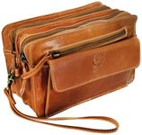 RUSTIC TOWN Small Leather Mens Hand Bag Pouch Purse Wallets Clutch Wrist Bag Gift for Men's Travel Accessories Organizer (Brown)