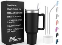 Re Tech UK - 40oz Tumbler with Straw and Lid + 2 Stainless Steel Straws, Silicone Boot, 1.2 litres, Insulated Cup -Travel Mug with Handle - Birthday Gift for Girls, Black