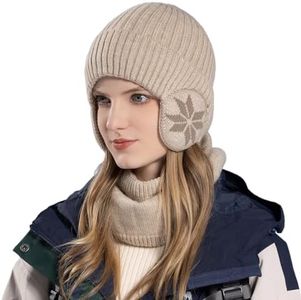 Women Winter Beanie Hat with Face Shield Peruvian Circle Scarf Set Sherpa Ski Ear Flaps Hats Fleece Lined, Light Khaki, One Size