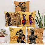 STITCHNEST Jute Indian Traditional Dance Bharatanatyam Printed Brown Cushion Covers, Set of 5 (12 x 12 Inches)