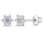 925 Sterling Silver 5mm CZ Pink & Clear Flower Screw Back Toddler Earrings Adorable Flower Earrings for Babies & Young Girls with Safety Lock