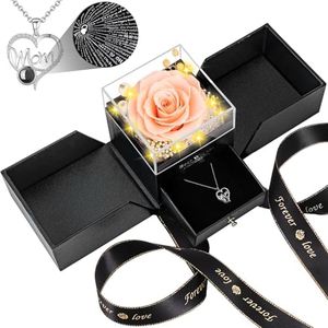 BNWXOY Gifts for Mom from Daughter and Son, Unique Mothers Day Birthday Gifts for Women Idea, Preserved Real Roses with I Love You Mom Necklace Cool Present to Mother Mom Grandma Wife -Red Champagne