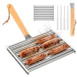 Extra Large Hot Dog Roller for Grill, 24cm Stainless Steel Sausage Roller Rack with Detachable Wooden Handle, Manual BBQ Sausage Griller for Even Cooking, Includes 4 Skewers(Silver)