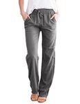 UMIPUBO Womens Straight Leg Jogger Trousers Cotton and Linen Full Length Casual Full Elasticated Waist Bottoms Summer Drawstring Pants (Dark Grey, L)