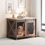 TROPOW Dog Crate Furniture with Flip Top, 37" Dog Kennel Indoor with Sliding Barn Door and Wheels, Medium Dog Crate with Removable Divider, Wooden Dog Cage Furniture, Corner Dog Crate Table, Brown