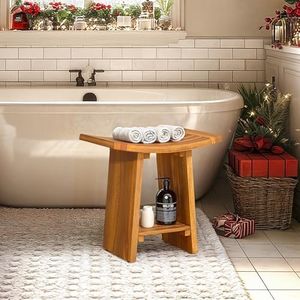 DWVO Teak Shower Bench with Storage Shelf for Shaving Legs Foot Rest, 18'' Solid Wood Shower Stool Bath Wooden Seating Bench for Shower with Non-Slip Feet, Easy Assembly for Indoor and Outdoor Use