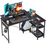 ODK Small Corner Desk, 120 x 50 cm Gaming Desk with Reversible Storage Shelves, L Shaped Desk with Monitor Stand and PC Stand for Home Office, Computer Desk with Headphone Hooks, Black