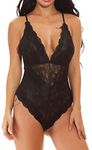 Bslingerie Lace Semi Sheer Lingerie Bodysuit Teddy Chemise (Black, L)