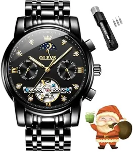 OLEVS Automatic Watch for Men Black Moon Phase Mens Watches Tourbillon Stainless Steel Luxury Waterproof Luminous Dress Multifunction Relojes para Hombres