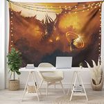 Ambesonne Fantasy Tapestry, Calling of The Dragon Magician for Evil Powers of The Universe Artwork Print, Wide Wall Hanging for Bedroom Living Room Dorm, 80" X 60", Orange Brown