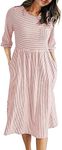 MEROKEETY Women's 3/4 Balloon Sleeve Striped High Waist T Shirt Midi Dress Pink