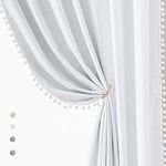 White Blackout Curtains for Living Room Bedroom 84inch Long Pom Pom Curtain Panels for Windows Thermal Insulated Curtains for Kids Nursery Room Rod Pocket 52" W x 2pcs