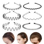 Mens Hair Bands Elastic Wavy Hair Bands, Metal Hair Bands for Men, a range of Black Non-slip Metal Headbands, Outdoor Sports Headbands, Everyday Wear (6pcs)