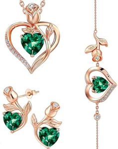 JACUPO Rose Heart Necklace Earrings Bracelet Set Moissanite/Lab-Grown Sapphire/Ruby Options S925 Silver Plated 18K White Gold Engraved I LOVE YOU Ideal for Mother's Day Proposal Gift for Girlfriend Wife (Necklace 1.2CT / Earrings 0.8CT)